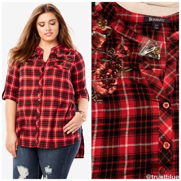 Roaman's Tops - Embellished Plaid Flannel Top Sz 20W